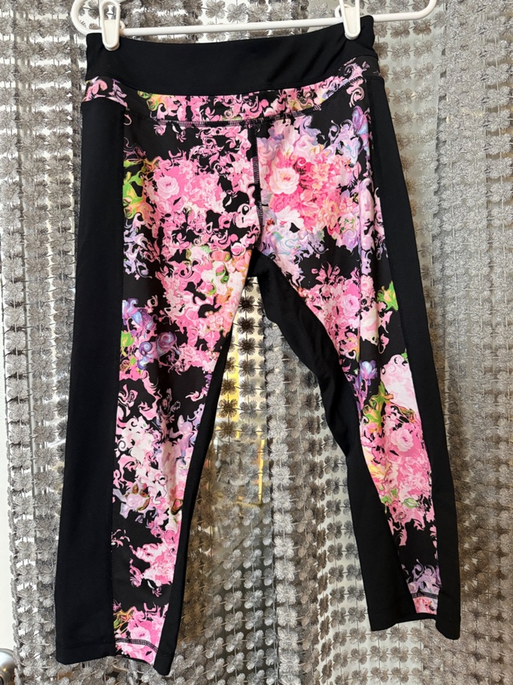 Cynthia Rowley Black Leggings with Pink Floral Panels